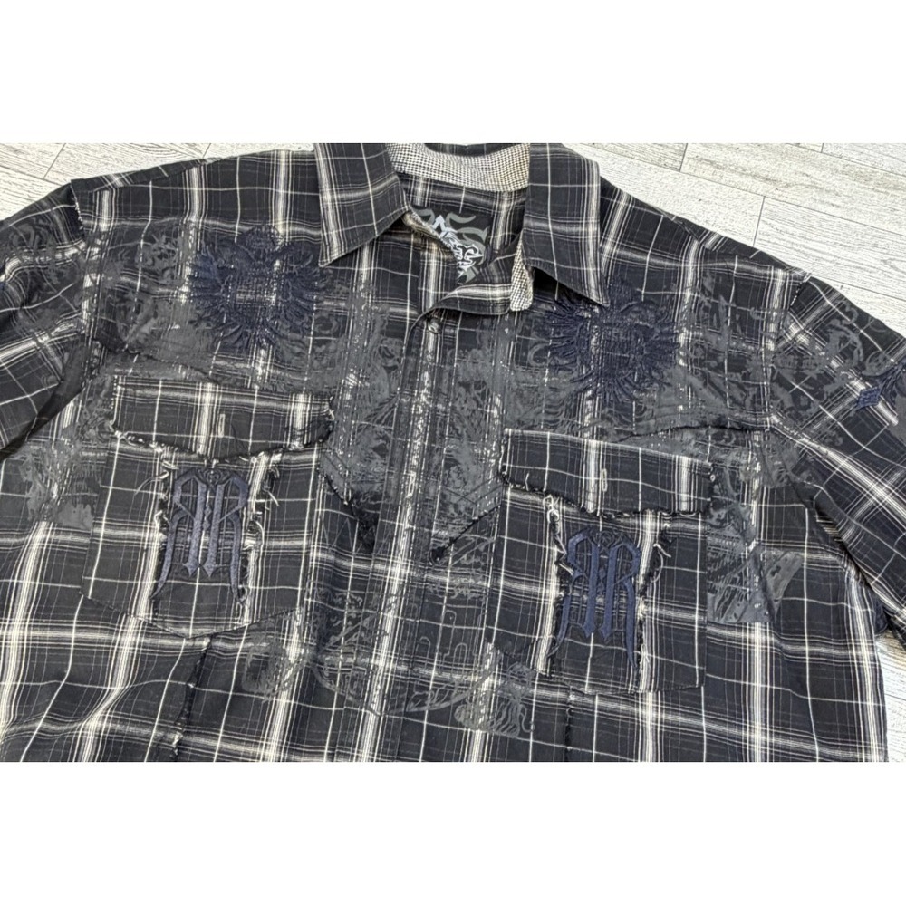 ROAR Embroidered Plaid Button Front Short Sleeve Shirt Western Black White XL